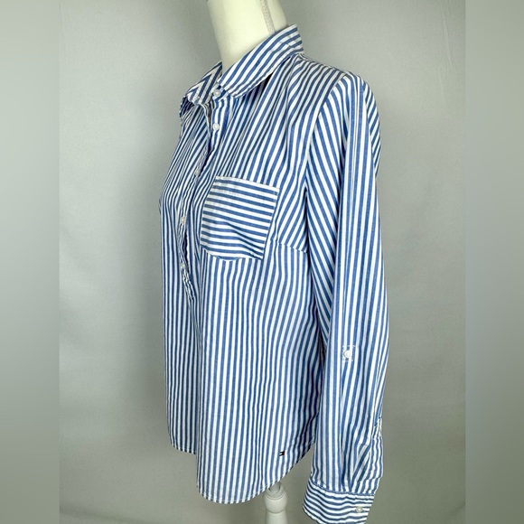 Tommy Hilfiger Popover Blouse Long Sleeves Blue White Pinstripes Cotton Medium - Picture 7 of 10